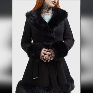 Killstar Black Faux Fur Trim Coat